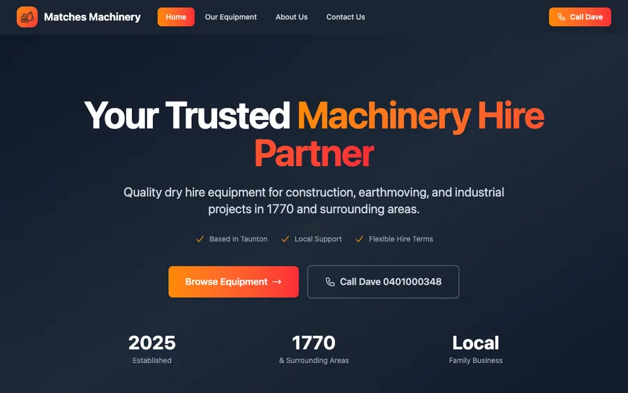 Matches Machinery Hire website